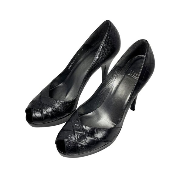 STUART WEITZMAN Pip Toe Platform Heels Sz. 9 Black Croc Leather Stiletto Classic - Picture 11 of 11
